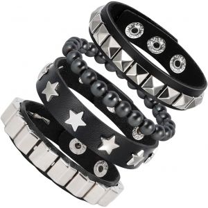 Eryi-4pcs Punk Bracelets Cuir Pu Alliage Rock Gothique Avec Rivets Multicouleurs Réglable Homme - Neuf