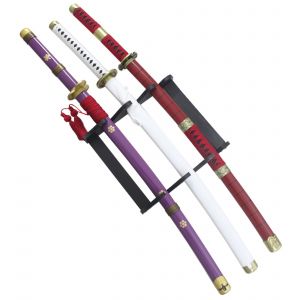 Pack 3 Katanas Acier Zoro Sabre One Piece Replique Katana + Presentoir en Bois D&eacute;coration - Neuf