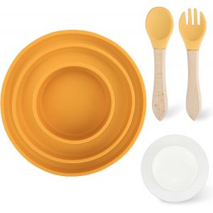 Kal-3 Pack Assiette Bebe, D&eacute;tachable Assiette Ventouse Pour B&eacute;b&eacute;, Vaisselle Bebe Silicone Avec Cuillere & Fourchette, Bol Bebe Micro Onde, Assiettes Enfants Pour Sevrage, Sans Bpa (Jaune) - Neuf