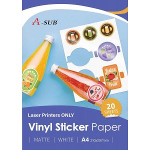 Papier autocollant en vinyle imprimable imperm&eacute;able de qualit&eacute; sup&eacute;rieure blanc mat, &eacute;tiquettes autocollantes en vinyle pour imprimantes Laser, format A4, 20 feuilles - Neuf