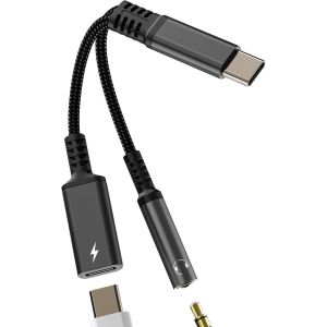 TRAHOO-Adaptateur USB C vers Auxiliaire Audio (2en1) Jack &Eacute;couteurs 3.5mm C&acirc;ble Chargeur Type C pour iPhone 16 15 compatible pour Samsung Casque pour iPad Microphone Connecteur pour Apple Android Voi - Neuf
