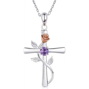 Kal-Rose Croix Pendentif Collier Cristal Fleur Feuille Crucifix Collier Religieux Chrétien Croix Bijoux Pour Femmes Filles Adolescents (Violet) - Neuf
