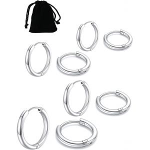Kal-4 Paires Acier Inoxydable Boucles D¿Oreilles Anneau Homme Femme Boucles D Oreilles Créole Argent,Boucle D Oreille Homme Anneaux, Boucle D'oreille Femme Creole,Boucle D Oreille 8/10/12/14mm - Neuf