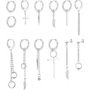 Cmjaagur-13pi&egrave;ces Boucles D'oreilles Pour Homme Acier Inoxydable Cercle Pendantes Boucle D'oreille Croix Pendantes Plumes Argent[M1038] - Neuf