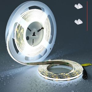 Ruban Led Cob 12v Blanc Froid 6000k Étanche Ip65, Pcb Noir, 5 Mètre 480 Led/M, 4000lm Cri>90, Autocollante, Découpable, Pour Cuisine, Éclairage D'armoires, Salon, Extérieure - Neuf