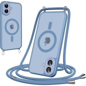 Maa-Coque Magnétique Pour Iphone 16 Avec Cordon, [Compatible Avec Magsafe] Etui Translucide Mat Arrière Anti-Jaunissement Antichoc Réglable Portable Lanyard Case Protection, Bleu Clair - Neuf