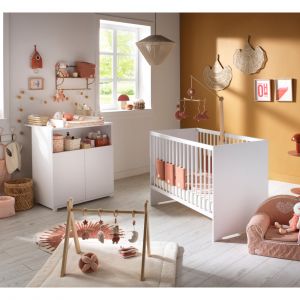Chambre b&eacute;b&eacute; duo: Lit 120x60 et commode &agrave; langer 2 portes blanc ultra. - Neuf