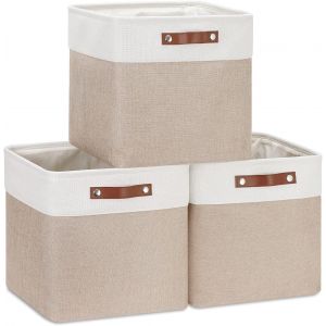 Jexnovashop-Lot De 3 Boîtes De Rangement En Tissu, 25x25x25cm, Avec Poignée En Cuir Synthétique Pour Étagère Cube, Étagères, Penderie, Kaki Et Blanc - Neuf