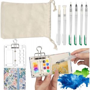 Kalanka-Mini Ensemble De Voyage Aquarelle Portable, Palette Acrylique Transparente Magn&eacute;tique(8 Grilles), 6 Cm X 6 Cm Carnet De Croquis Aquarelle, 6 Pinceaux, 1 Clip, 1 Sac De Rangement - Neuf