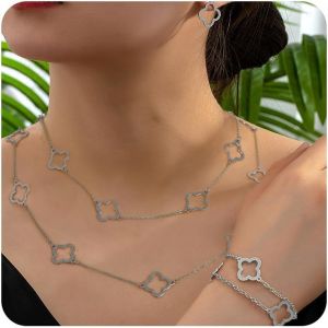 Ensemble De Bijoux Trèfle À Quatre Feuilles Femme Plaqué Or 18k Carats Collier Boucles D'oreilles Bracelet Or Argent Multicouche Ensemble Avec Trèfle À Quatre Feuilles Pour Femmes - Neuf