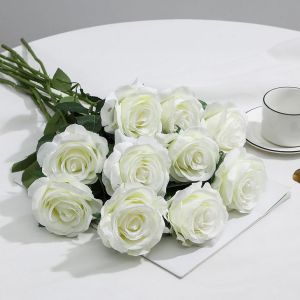 10 roses artificielles, 54 cm, fausses roses en soie, tige longue, r&eacute;alistes, pour fabriquer soi-m&ecirc;me, bouquet de mari&eacute;e, compositions, f&ecirc;tes et d&eacute;corations pour la maison (blanc laiteux) - Neuf