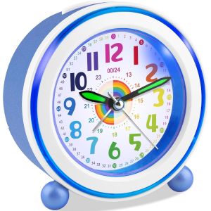 KAL-Réveil Éducatif Pour Enfants Garçons Et Filles - Sans Tic-Tac - Avec Snooze Et Veilleuse - Fonctionne Avec Piles - Réveil Analogique À Quartz - Bleu - Neuf