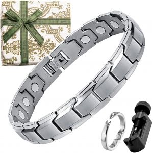 Eryi-Bracelet Magnetique Homme 1 Pièce, Bague 1 Pièce, Bracelet En Acier Titane Pour Homme Bracelet Magnétique Pour Homme Bijoux Magnétiques Avec Ajusteur De Bracelet Et Boîte Cadeau (Argent) - Neuf