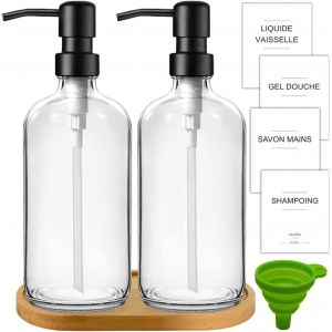 BHHBB-Distributeurs de Savon en Verre - Pack de 2 - Savon Mains - Liquide Vaisselle - Gel Douche - Shampoing - Plateau en Bois, Entonnoir Plastique, Etiquettes - Accessoires Salle de Bain Cuisine (Cl - Neuf