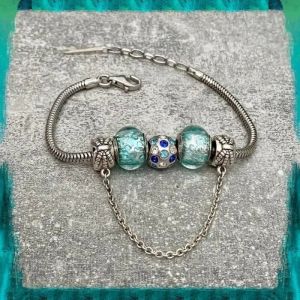 Bracelet - Authentique - Charms - Verre De Murano - Argent 925 Rhodi&eacute; - Bleu Clair - Neuf