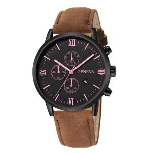 Montre Plate Homme Aviateur Bracelet Fa&ccedil;on Su&eacute;dine Marron Boitier M&eacute;tal Fond Noir Avec Dateur - Neuf