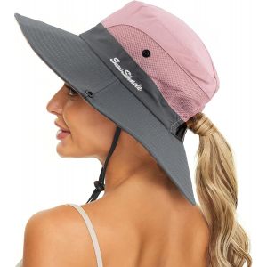Asas-Chapeau De Soleil Femme À Large Bord-Protection Uv Chapeaux Pêcheur Seau Randonnée En Plein Air Chapeau Avec Trou Pour Queue De Cheval - Neuf