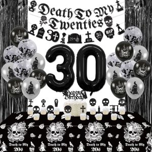 LETNERNY-Décorations Du 30E Anniversaire - Décorations De La Mort À Mes 20 Ans Comprenant Des Bannières, Une Nappe Tête De Mort, Un Ballon Numéro 30, Un Rideau À Franges Noires Et Des Décorations Pou - Neuf