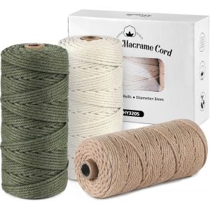 Kalanka-3 Rouleau Cordon En Coton Macramé Doux,4 Brins Corde Macrame Coton 3mm*100m Fils Et Cordes De Perlage,Bobine Fil Macrame Pour Artisanat,Tapisserie,Décoration Boho(Beige,Vert Militaire,Marron) - Neuf