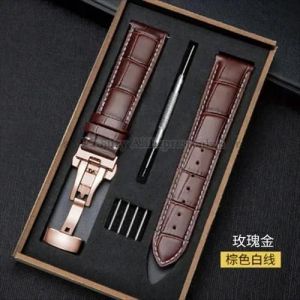 Typi-12/13/14/15/16/17/18/19/20mm 22mm 24mm Bracelet En Cuir Véritable Avec Boîte Fermoir Papillon Universel Hommes Femmes Ceinture Bracelet|Brownwhite Rose Gold|14mm - Neuf