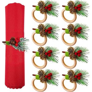 8pcs De No&euml;l Ronds De Serviette En Bois Rond De Serviette D&eacute;tenteurs De C&ocirc;ne De Pin Rouge Berry Flocon De Neige - Neuf