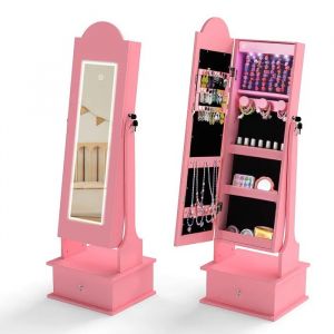 COSTWAY Armoire &agrave; Bijoux pour Enfants avec Miroir - 4 Lumi&egrave;res Int&eacute;rieures & 2 Angles d'Inclinaison 34 x 30 x 113 cm Rose - Neuf