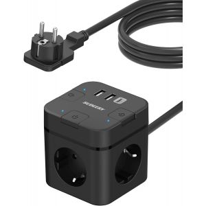 Cube multiprise avec USB C, 3 prises - Fiche plate avec interrupteur individuel - Multiprise avec c&acirc;ble de 2 m - 1 multiprise USB de type C pour bureau, maison, voyage (noir) - Neuf
