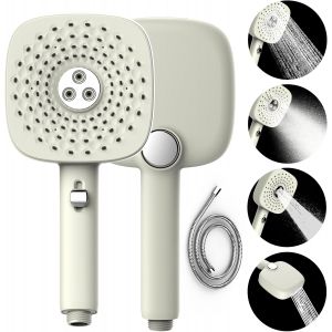 JGD-Pommeau de Douche haute Pression avec Flexible en Acier Inoxydable, Mat&eacute;riau ABS &eacute;paissi,Douchette &agrave; Main avec 4 jets et 3 Vitesses (Blanc) - Neuf