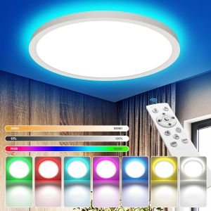 Subzonal-Plafonnier Led Dimmable T&eacute;l&eacute;commande,24w Rgb Rond Luminaire Plafonnier,2700lm &Eacute;clairage De Plafond,3000k-6500k Lampe Plafond Moderne Pour Salle De Bain,Salon,Chambre,Etanche Ip44,&Oslash;30cm - Neuf