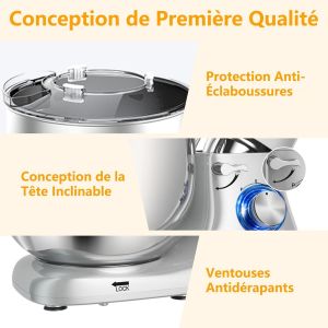 Robot P&acirc;tissier, Robot De Cuisine Professionnel 1400 W 8 L, Robot P&eacute;trin Avec Fouet, Batteur Et Crochet P&eacute;trisseur, 6+P Vitesses (Argent) - Neuf