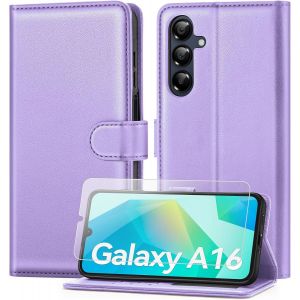 CAUC-Coque pour Samsung Galaxy A16 avec Verre Tremp&eacute;, &eacute;tui Cuir PU Magn&eacute;tique [ Pochette de Portefeuille ], Housse de Fonction Stand Video Porte Carte Credit &agrave; Rabat pour Samsung A16 -Violet - Neuf