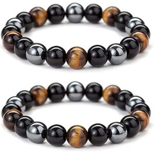 Kalanka-Lot De 2 Bracelets ?il De Tigre, Tourmaline Noire, Pierres D'&eacute;nergie Naturelles, Bracelets De Yoga, Pierres Naturelles Tricolores, Triple Protection, Bracelets En H&eacute;matite, Pour Hommes Et Fem - Neuf