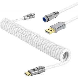 C05 C&acirc;ble USB C Aviator Enroul&eacute; Personnalis&eacute; pour Clavier de Jeu, Nylon Tress&eacute;, USB-A vers USB-C, C&acirc;ble de Clavier M&eacute;canique Spiral&eacute; avec Connecteur d'Aviation en M&eacute;tal CNC, 4.92ft Blanc - Neuf