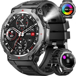 Montre Connectée Homme Lampe Uv: 1.43" Amoled Ronde Écran Smartwatch Avec Lampe Torche Led Haute Luminosité Fitness Tracker 100+ Sports Modes Résistance À L'eau 5atm Smart Watch Pour Android Et Ios - Neuf