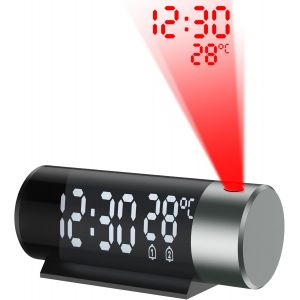 YUNYODA Réveil Projecteur, Réveil Numérique avec Projection Rotative à 180 °, Chargeur USB, 12/24H, Snooze, Variateur Réveil Numérique avec Température pour Chambre, Bureau, Noir - Neuf