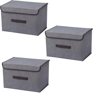 Yemaesre-Lot De 3 Boîte De Rangement Avec Couvercle,Rangement Tissu,Sac De Rangement,Boîte De Rangement,Pliable Avec Poignées Pour Vêtements,Jouets (Gris, 36×23×24 Cm) - Neuf