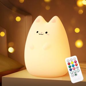 Veilleuse Pour Enfants, 9 Couleurs Veilleuse Bébé En Silicone Avec Télécommande, Lampe Rechargeable Par Usb, Veilleuse Cadeau Pour Garçons Filles (07-Chat) - Neuf