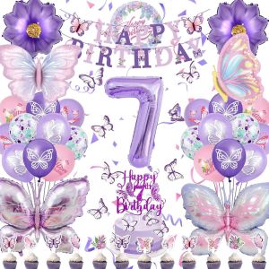 SJZG-Decoration Anniversaire Papillon Fille 7 Ans, 66 D&eacute;coration Violet, D&eacute;co F&ecirc;te 4 Xxl Helium Ballons, Kit Fete Cadeau Ballons Guirlande, Gateau Fille (Anniversaire Papillon 7 Ans) - Neuf