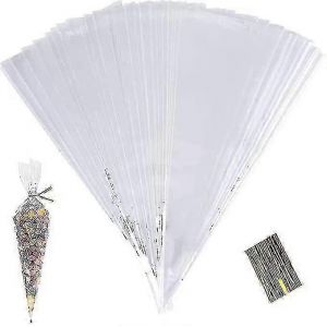 100pcs Sacs De Cône Transparents,Sacs De Friandises En Cellophane,Sacs De Bonbons En Plastique 25x13cm Avec Attaches Torsadées Pour La Nourriture - Neuf
