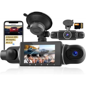 WiFi Dash Cam 4 Canaux, 360°1080Px4 Dashcam Voiture Avant Arrière Intérieur, Carte SD 64G, Enregistrement en boucle G-Sensor Vision Nocturne Surveillance du Stationnement Assistance de Secours - Neuf