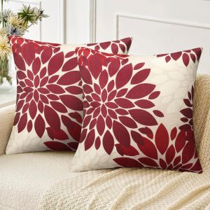 CAUC-Housse Coussin Canap&eacute; 50x50 en Lin Moderne Boheme Rouge et Blanc Abstrait Fleur de Dahlia Taie d'oreiller Carr&eacute; pour Coussin Canap&eacute; Chambre Salon Chaise Lot de 2 - Neuf