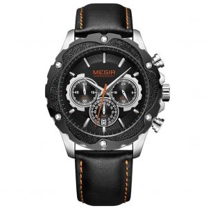 Montre-Bracelet &Agrave; Quartz Multifonctionnelle Megir (Noir Interm&eacute;diaire + Cadran Noir + Bracelet De Montre En Cuir Pu) - Neuf