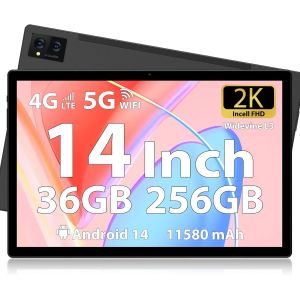 CHECARZHN--NO1-Tablette 14 Pouces Android 14 Tablets, 256Gb Rom(Expand To 2Tb), 36Gb(12+24) Ram, Octa-Core 2.0Ghz,11580Mah Battery, 2000 * 1200 Fhd 4 Speakers, 4G Lte/5G Wifi, Avec Étui,Stylo, Earphone-Noi - Neuf