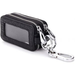 Étui à clés de voiture en cuir véritable avec protection RFID|Étui à clés avec double fermeture éclair,mousqueton et fenêtre transparente|Petit et pratique pour homme et femme - Neuf
