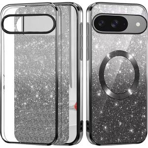 LORANKA-ESONG Magn&eacute;tique Paillettes Coque Google Pixel 9/9 Pro,Etui Fine Transparente Esth&eacute;tique Brillant Glitter Compatible avec MagSafe pour Femmes,Housse Mince Clear,Case Silicone Noir - Neuf