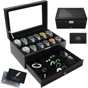 Nbgcm-Boîte À Montres À 2 Couches,Coffret À Montres Avec Couvercle En Verre,Rangement Pour Montres En Cuir,12 Compartiments Et 1 Tiroir,Pour Montres, Bagues, Bracelets,Boîte De Montre Noir - Neuf