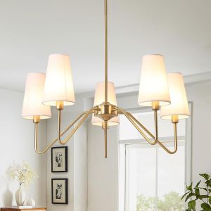 Or Lustre Salon Moderne,5-Light Suspension Luminaire 76Cm E14 Lampe Avec Un Abat-Jour En Lin Blanc Luminaires Int&eacute;rieur Pour Cuisine Chambre Suspendu Sejour Plafond Couloir,200W - Neuf