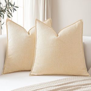 CAUC-Lot de 2 housses de coussin d&eacute;coratives &agrave; carreaux doux avec bords cousus de style boh&egrave;me et rustique pour canap&eacute;, terrasse, chambre &agrave; coucher, salon, 45 x 45 cm, beige - Neuf