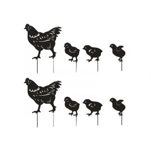 Lot de 8 statues de jardin en m&eacute;tal repr&eacute;sentant une poule et des poussins, avec piquets, pour d&eacute;coration ext&eacute;rieure - Neuf