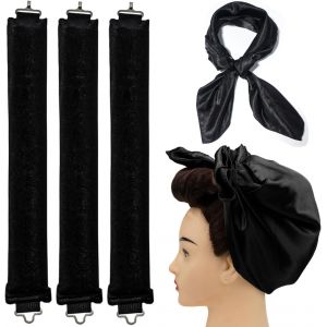 4 Pack Heat Free Long Hair Bands,Ideal For All Hair Types (3 Curlers And 1 Scarf) (Black) - Neuf